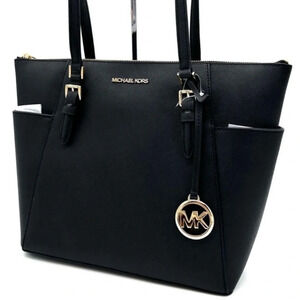 Michael Kors Large Charlotte Tote Bag Luggage Leather Black/Gold
